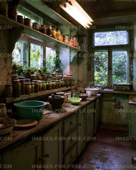 Old kitchen with jars and visible greenery outside the window