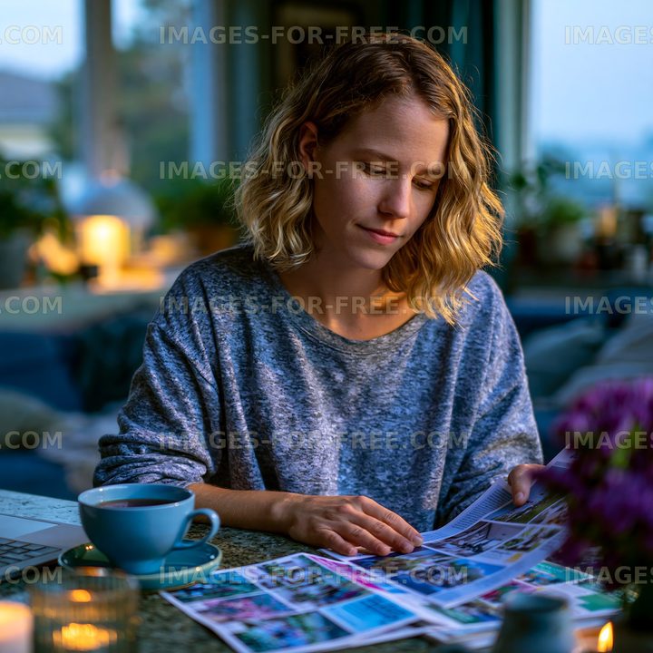 Woman looking at printed photos while sitting at a table