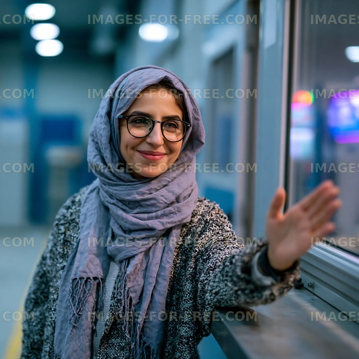 Woman in a gray scarf smiling and waving indoors