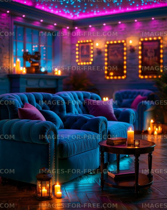 Cozy living room with blue sofa and warm candlelight