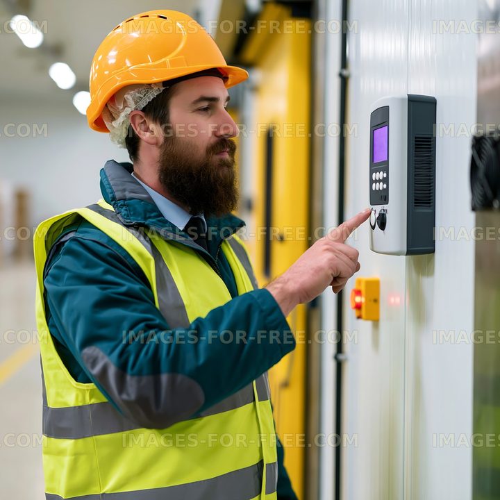Worker in safety gear operating control panel in warehouse