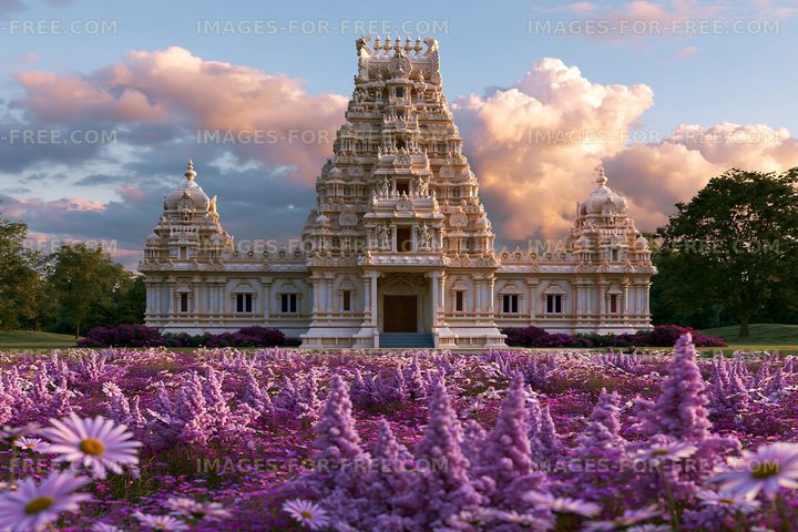 Temple structure surrounded by purple flowers at sunset