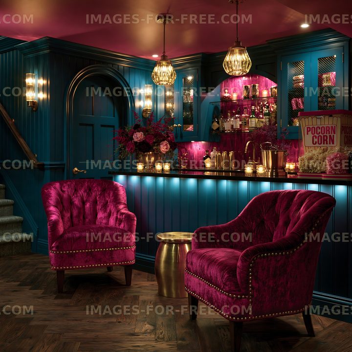 Elegant interior of a cozy bar with plush chairs and colorful decor