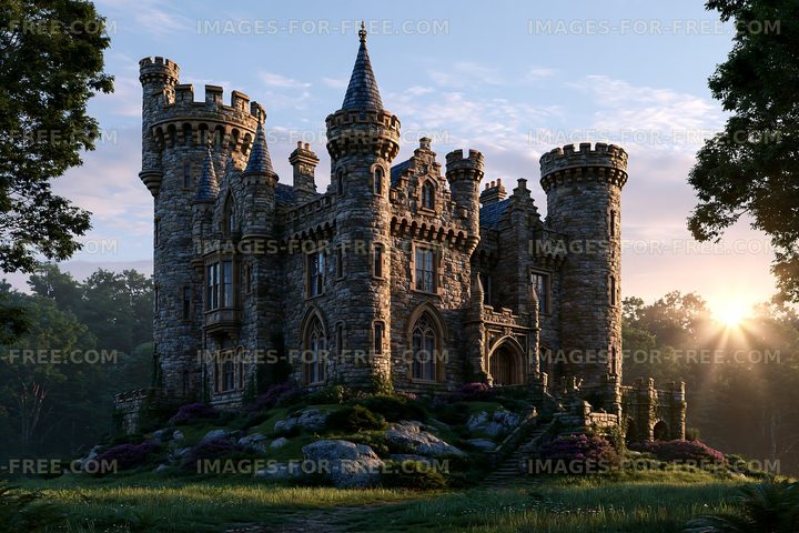 Old stone castle surrounded by trees at sunset