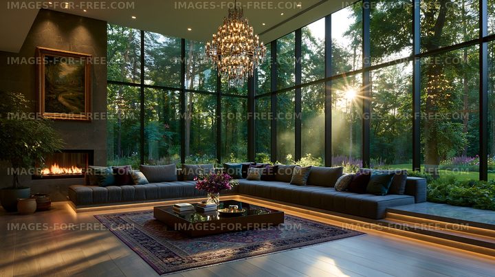 Modern living room with large windows and forest view