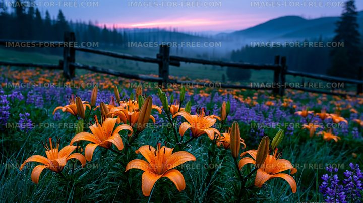 Colorful flowers bloom in the early morning light on a hillside