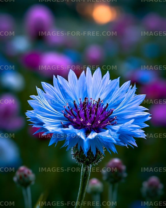 Bright blue flower in a vibrant field at sunset