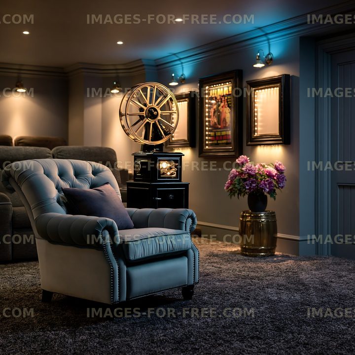 Cozy home theater setup with comfortable armchair and decor