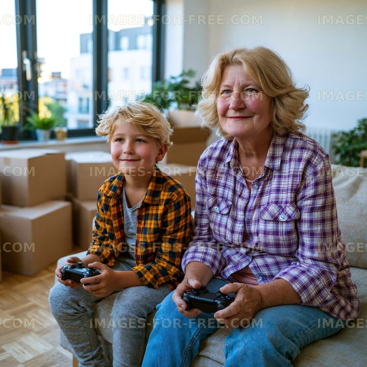 Senior woman and boy play video games indoors
