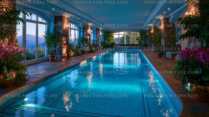 Indoor swimming pool surrounded by plants and large windows
