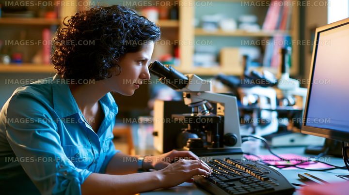 Woman working in a laboratory with a microscope and computer