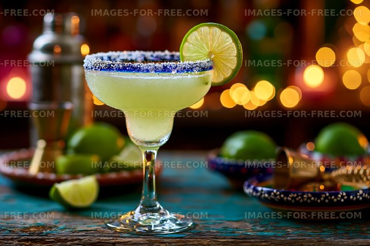 Refreshing margarita drink with lime on a wooden table