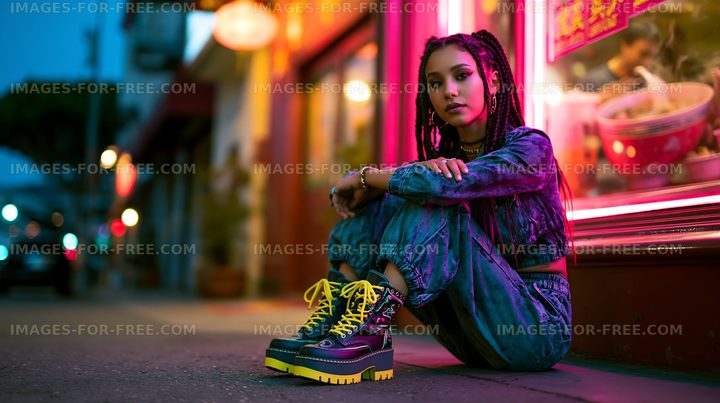 Young woman sitting outside a shop at night in urban setting