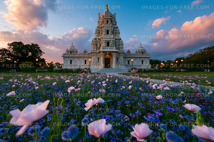 Temple surrounded by flowers at sunset