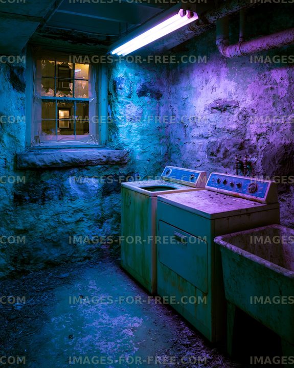 Washing machines in an old basement with blue lighting