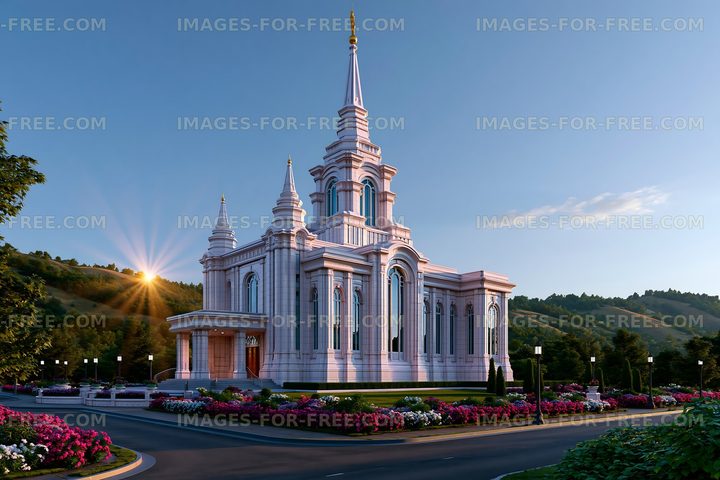 Modern building with spires surrounded by flowers at sunset