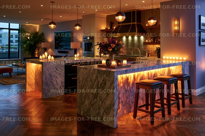 Modern kitchen with unique lighting and seating