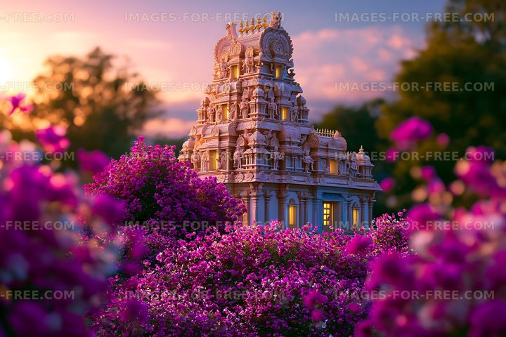 Temple surrounded by blooming pink flowers at sunset