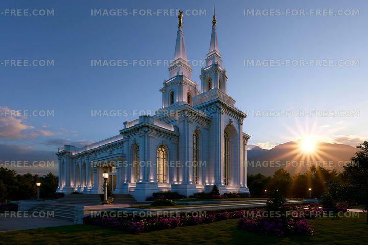 Sunrise at a white temple with spires in a mountainous area