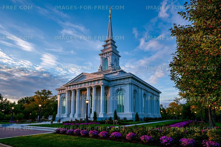 Building with tall spire and columns in a public park setting
