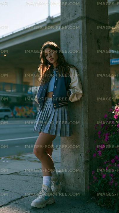 Young woman standing by a pillar near a busy street