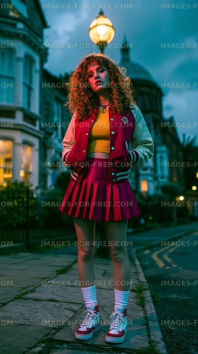 Girl in pink outfit standing on a city street at dusk