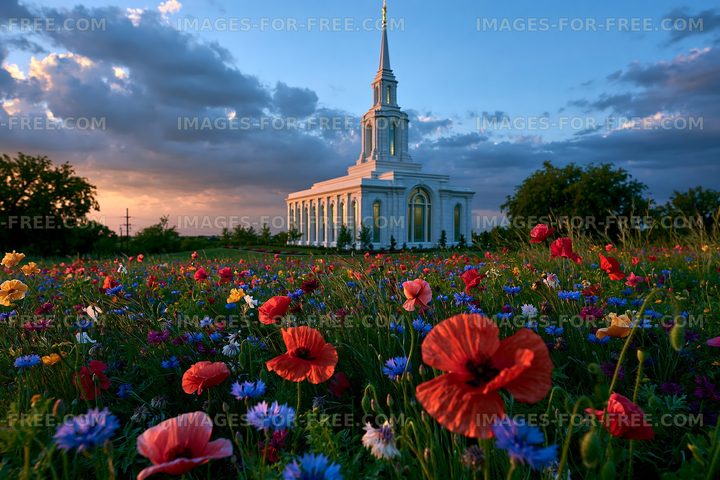 Colorful flowers surround a church at sunset