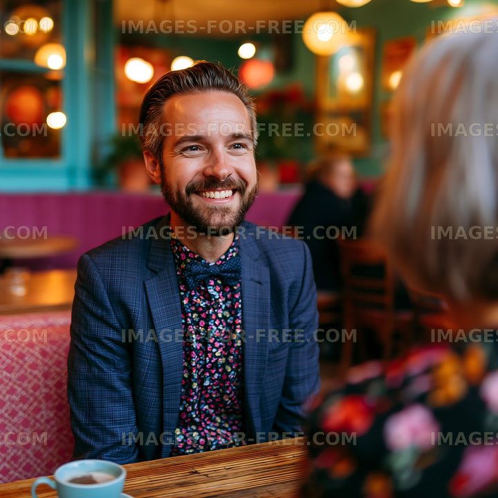 Man smiles while sitting at a table in a cafe with a friend