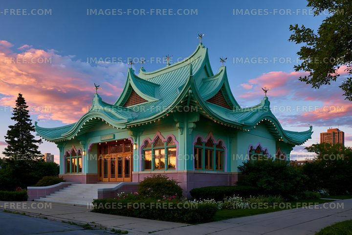 Colorful building with unique architecture during sunset