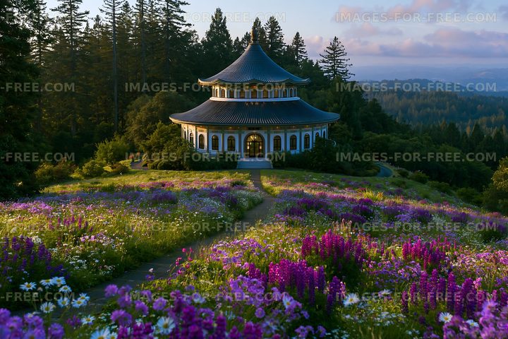 Flower garden with pagoda structure on hillside
