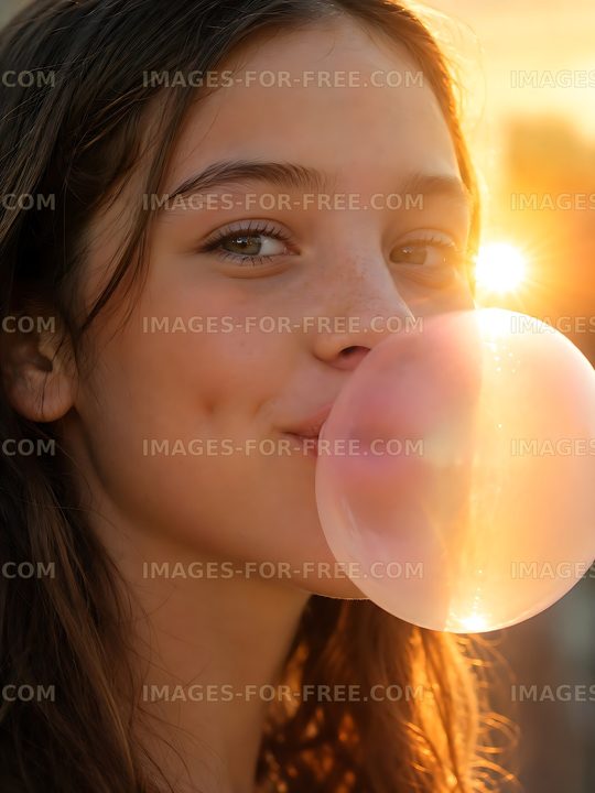 Girl blowing bubble gum at sunset