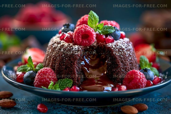 Chocolate dessert with sauce and fresh fruits on a blue plate