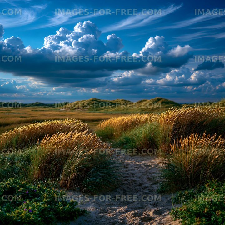 Cloudy sky over grassland with sandy pathway in open landscape