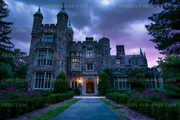Historic stone mansion in twilight with dramatic skies