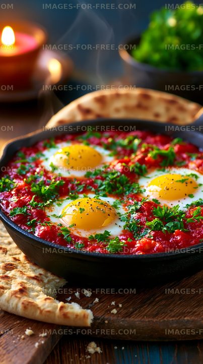 Eggs in tomato sauce with herbs and bread on wooden table