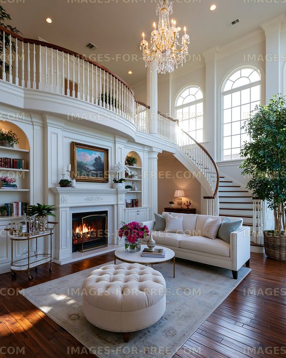 Modern living room with elegant decor and a staircase