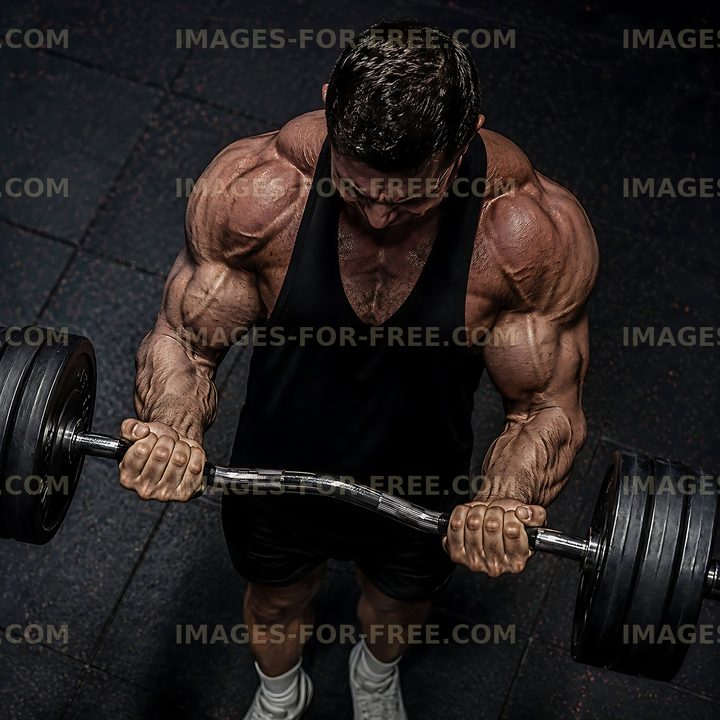 Muscular man lifting dumbbells in gym