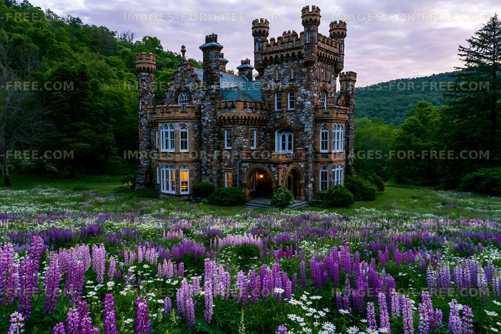 Historic stone castle surrounded by blooming flowers