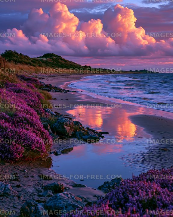 Sunset over a beach with purple flowers and calm water