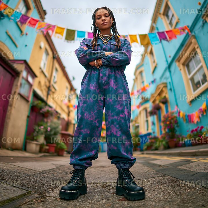 Young person standing confidently in a colorful street