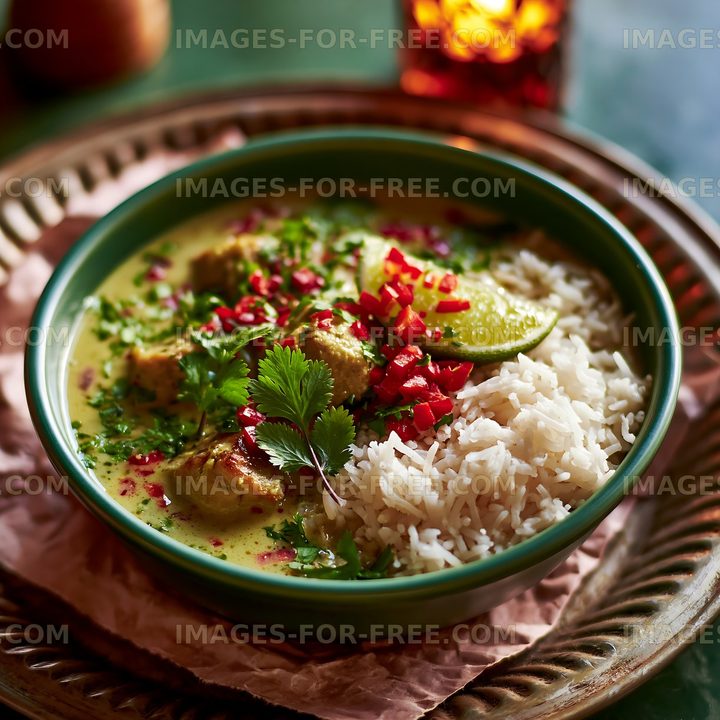 Delicious bowl of curry with rice and fresh herbs on a plate