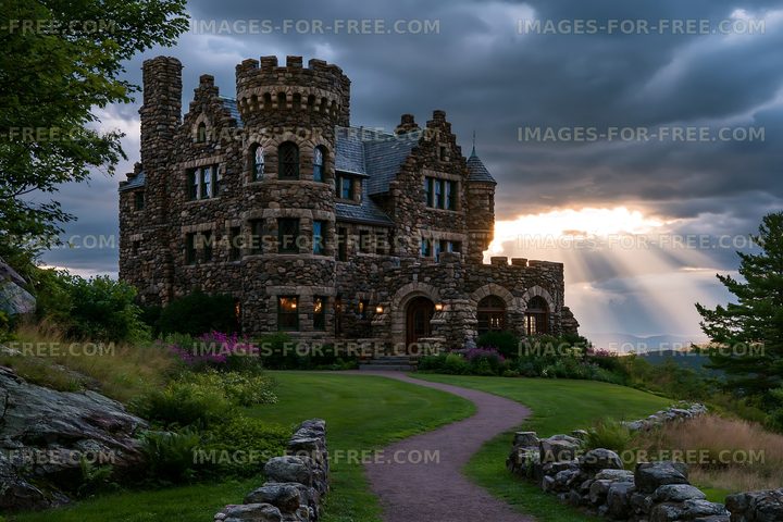 Stone castle with cloudy sky and sunlight in the background