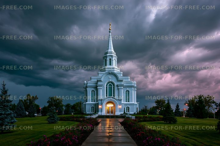 Church building with a tall spire under a stormy sky