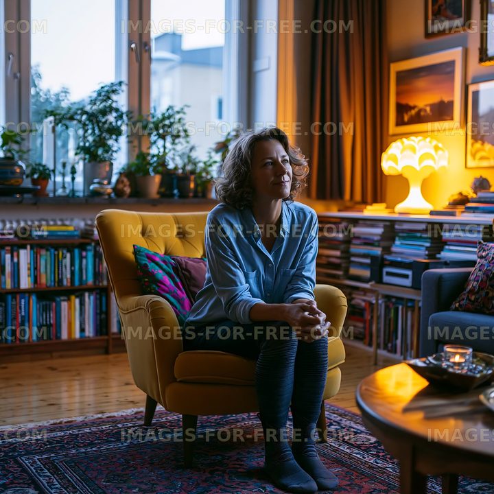 Woman sitting in a cozy living room during evening light