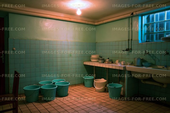 Empty room with blue buckets and a sink