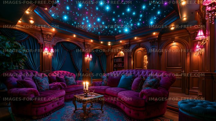 Cozy lounge area with purple furniture and starlit ceiling