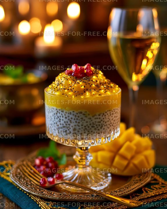 Mango pudding with chia seeds served in glass cup on table