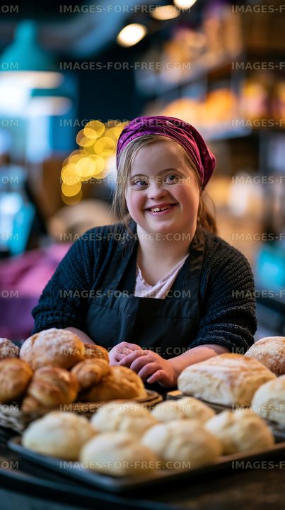 Young girl smiles while working in a bakery among fresh bread
