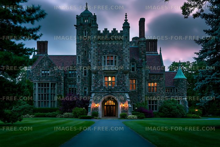 Castle with stone architecture under purple sky at dusk