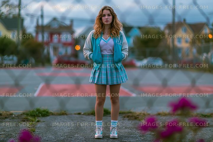 Young woman stands on tennis court in a casual outfit